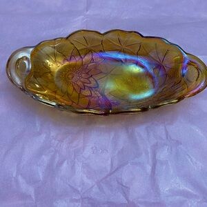 EUC VINTAGE INDIANA CARNIVAL GLASS IRIDESCENT MARIGOLD AMBER OBLONG DISH
